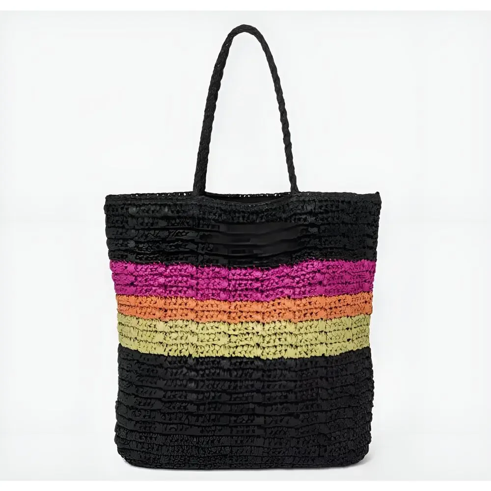 Universal Thread Womens Boho Summer Beach Striped Woven Straw Shoulder Tote Bag‎